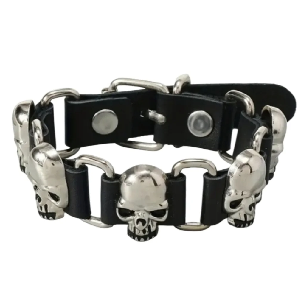 Silvertone Skull Black Leather Bracelet